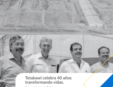 Gráfico del blog de Tetakawi con fotografías en blanco y negro de sus primeras instalaciones y fundadores, junto con el texto "Tetakawi celebra 40 años transformando vidas".